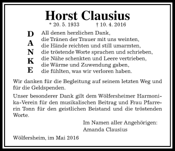 Traueranzeige von Horst Clausius von Wetterauer Zeitung, Wetterauer Zeitung