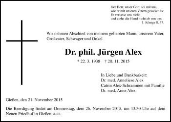 Traueranzeige von Jürgen Alex von Gießener Allgemeine, Alsfelder Allgemeine