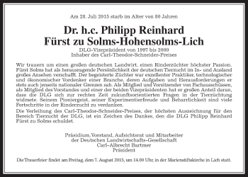 Traueranzeige von Philipp Reinhard Fürst zu Solms-Hohensolms-Lich von Gießener Allgemeine, Alsfelder Allgemeine