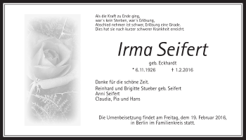 Traueranzeige von Irma Seifert von Wetterauer Zeitung, Wetterauer Zeitung