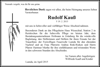 Traueranzeige von Rudolf Kauß von Gießener Allgemeine, Alsfelder Allgemeine