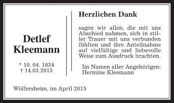 Traueranzeige von Detlef Kleemann von Wetterauer Zeitung, Wetterauer Zeitung