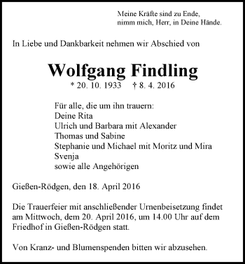 Traueranzeige von Wolfgang Findling von Gießener Allgemeine, Alsfelder Allgemeine