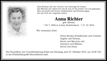 Traueranzeige von Anna Richter von Gießener Allgemeine, Alsfelder Allgemeine
