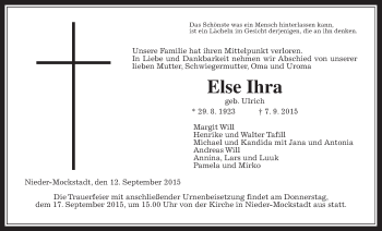 Traueranzeige von Else Ihra von Wetterauer Zeitung, Wetterauer Zeitung