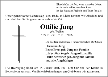 Traueranzeige von Ottilie Jung von Licher Wochenblatt, Licher Wochenblatt, Licher Wochenblatt