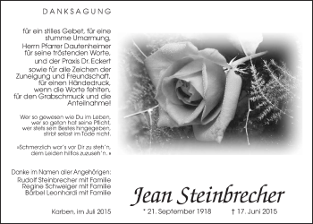 Traueranzeige von Jean Steinbrecher von Wetterauer Zeitung, Wetterauer Zeitung