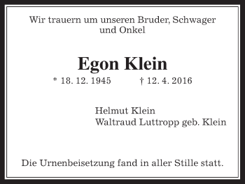 Traueranzeige von Egon Klein von Wetterauer Zeitung, Wetterauer Zeitung
