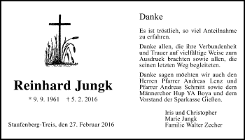 Traueranzeige von Reinhard Jungk von Gießener Allgemeine, Alsfelder Allgemeine