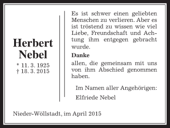 Traueranzeige von Herbert Nebel von Wetterauer Zeitung, Wetterauer Zeitung