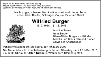 Traueranzeige von Wilfried Burger von Gießener Allgemeine, Alsfelder Allgemeine