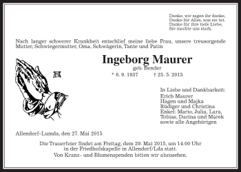 Traueranzeige von Ingeborg Maurer von Gießener Allgemeine, Alsfelder Allgemeine