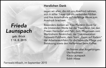 Traueranzeige von Frieda Launspach von Licher Wochenblatt, Licher Wochenblatt, Licher Wochenblatt