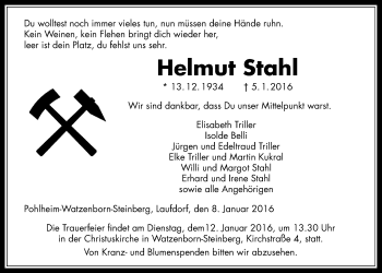 Traueranzeige von Helmut Stahl von Gießener Allgemeine, Alsfelder Allgemeine