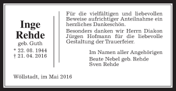 Traueranzeige von Inge Rehde von Wetterauer Zeitung, Wetterauer Zeitung