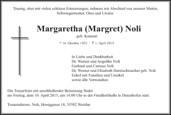 Traueranzeige von Margaretha Noli von Gießener Allgemeine, Alsfelder Allgemeine