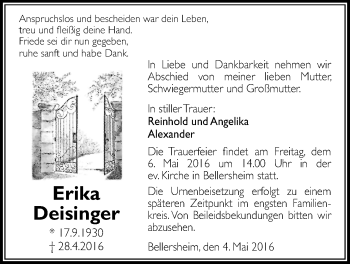Traueranzeige von Erika Deisinger von Licher Wochenblatt, Licher Wochenblatt, Licher Wochenblatt
