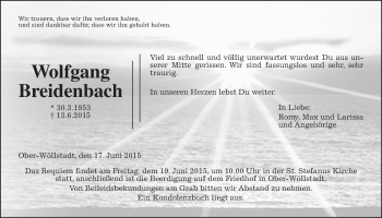 Traueranzeige von Wolfgang Breidenbach von Wetterauer Zeitung, Wetterauer Zeitung