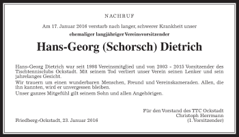 Traueranzeige von Hans-Georg Dietrich von Wetterauer Zeitung, Wetterauer Zeitung