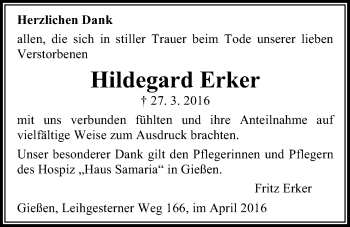 Traueranzeige von Hildegard Erker von Gießener Allgemeine, Alsfelder Allgemeine