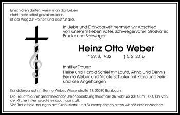 Traueranzeige von Heinz Otto Weber von Gießener Allgemeine, Alsfelder Allgemeine