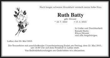 Traueranzeige von Ruth Batty von Gießener Allgemeine, Alsfelder Allgemeine