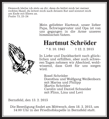 Traueranzeige von Hartmut Schröder von Gießener Allgemeine, Alsfelder Allgemeine