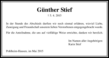 Traueranzeige von Günther Stief von Gießener Allgemeine, Alsfelder Allgemeine