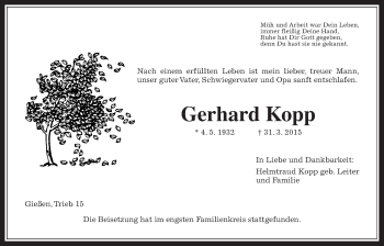 Traueranzeige von Gerhard Koop von Gießener Allgemeine, Alsfelder Allgemeine