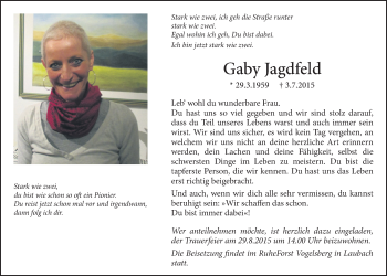 Traueranzeige von Gaby Jagdfeld von Licher Wochenblatt, Licher Wochenblatt, Licher Wochenblatt