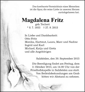Traueranzeige von Magdalena Fritz von Gießener Allgemeine, Alsfelder Allgemeine
