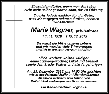 Traueranzeige von Marie Wagner von Gießener Allgemeine, Alsfelder Allgemeine