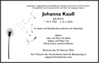 Traueranzeige von Johanna Kauß von Gießener Allgemeine, Alsfelder Allgemeine