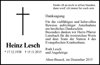 Traueranzeige von Heinz Lesch von Gießener Allgemeine, Alsfelder Allgemeine