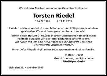 Traueranzeige von Torsten Riedel von Gießener Allgemeine, Alsfelder Allgemeine