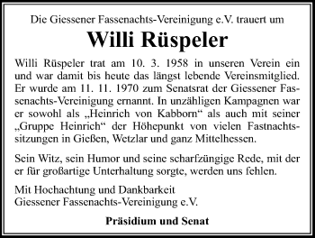 Traueranzeige von Willi Rüspeler von Gießener Allgemeine, Alsfelder Allgemeine