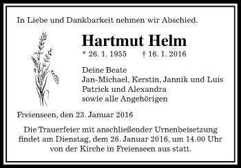 Traueranzeige von Hartmut Helm von Gießener Allgemeine, Alsfelder Allgemeine