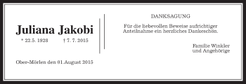 Traueranzeige von Juliana Jakobi von Wetterauer Zeitung, Wetterauer Zeitung
