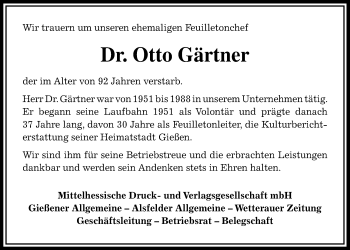Traueranzeige von Otto Gärtner von Gießener Allgemeine, Alsfelder Allgemeine