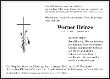 Traueranzeige von Werner Heinze von Wetterauer Zeitung, Wetterauer Zeitung