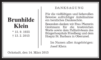 Traueranzeige von Brunhilde Klein von Wetterauer Zeitung, Wetterauer Zeitung