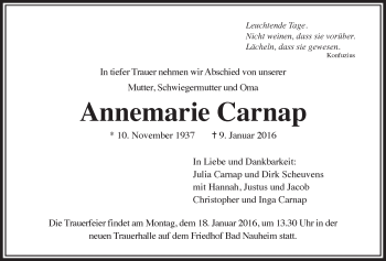 Traueranzeige von Annemarie Carnap von Wetterauer Zeitung, Wetterauer Zeitung