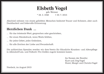 Traueranzeige von Elisabeth Vogel von Allendorfer Mitteilungen, Rabenauer Zeitung
