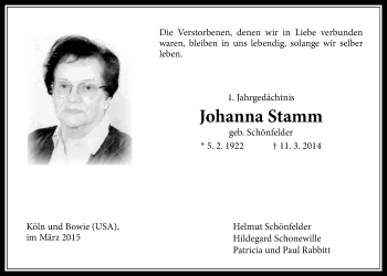 Traueranzeige von Johanna Stamm von Wetterauer Zeitung, Wetterauer Zeitung