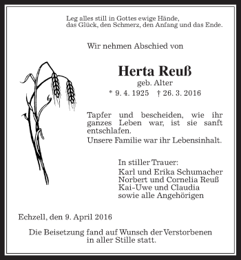 Traueranzeige von Herta Reuß von Wetterauer Zeitung, Wetterauer Zeitung