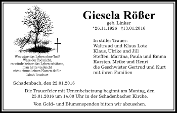 Traueranzeige von Giesela Rößer von Alsfelder Allgemeine