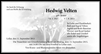 Traueranzeige von Hedwig Velten von Gießener Allgemeine, Alsfelder Allgemeine