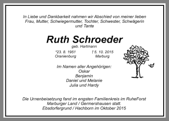Traueranzeige von Ruth Schroeder von Gießener Allgemeine, Alsfelder Allgemeine