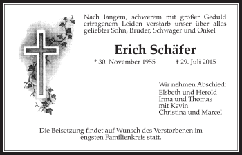 Traueranzeige von Erich Schäfer von Wetterauer Zeitung, Wetterauer Zeitung