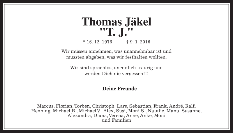  Traueranzeige für Thomas Jäkel vom 14.01.2016 aus Gießener Allgemeine, Alsfelder Allgemeine